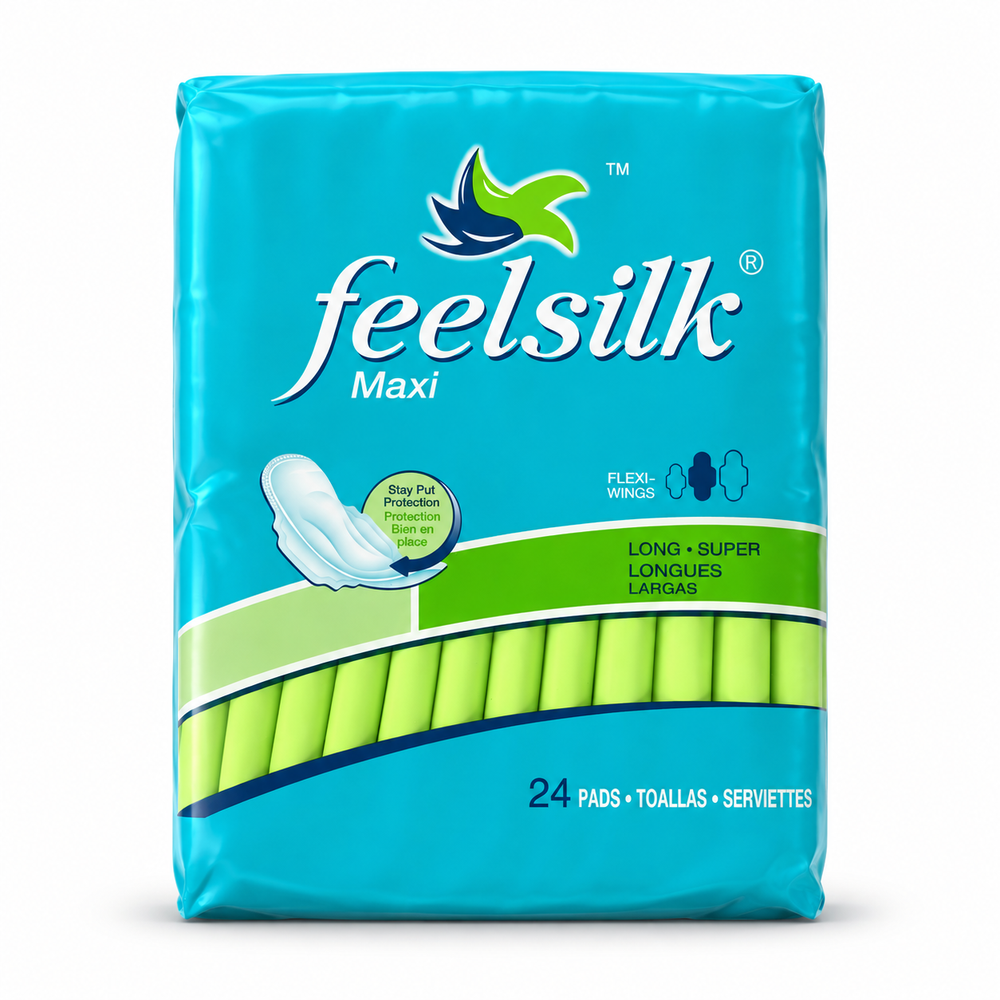 Feelsilk Maxi Long / Super Pads with Wings — 6 Packs (144 Pads)