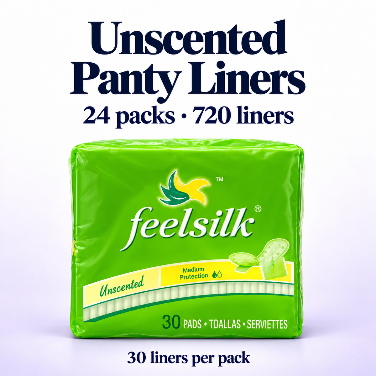 Feelsilk Unscented Panty Liners, case of 24 packs, 30 liners per pack, 720 liners total.