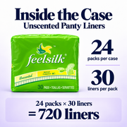 Case contents: 24 packs of Feelsilk Unscented Panty Liners, 30 liners per pack, 720 liners in each case.