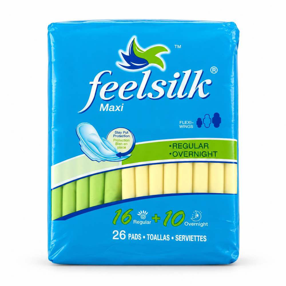 Feelsilk Maxi Regular + Overnight Pads with Wings — 6 Packs (156 Pads)