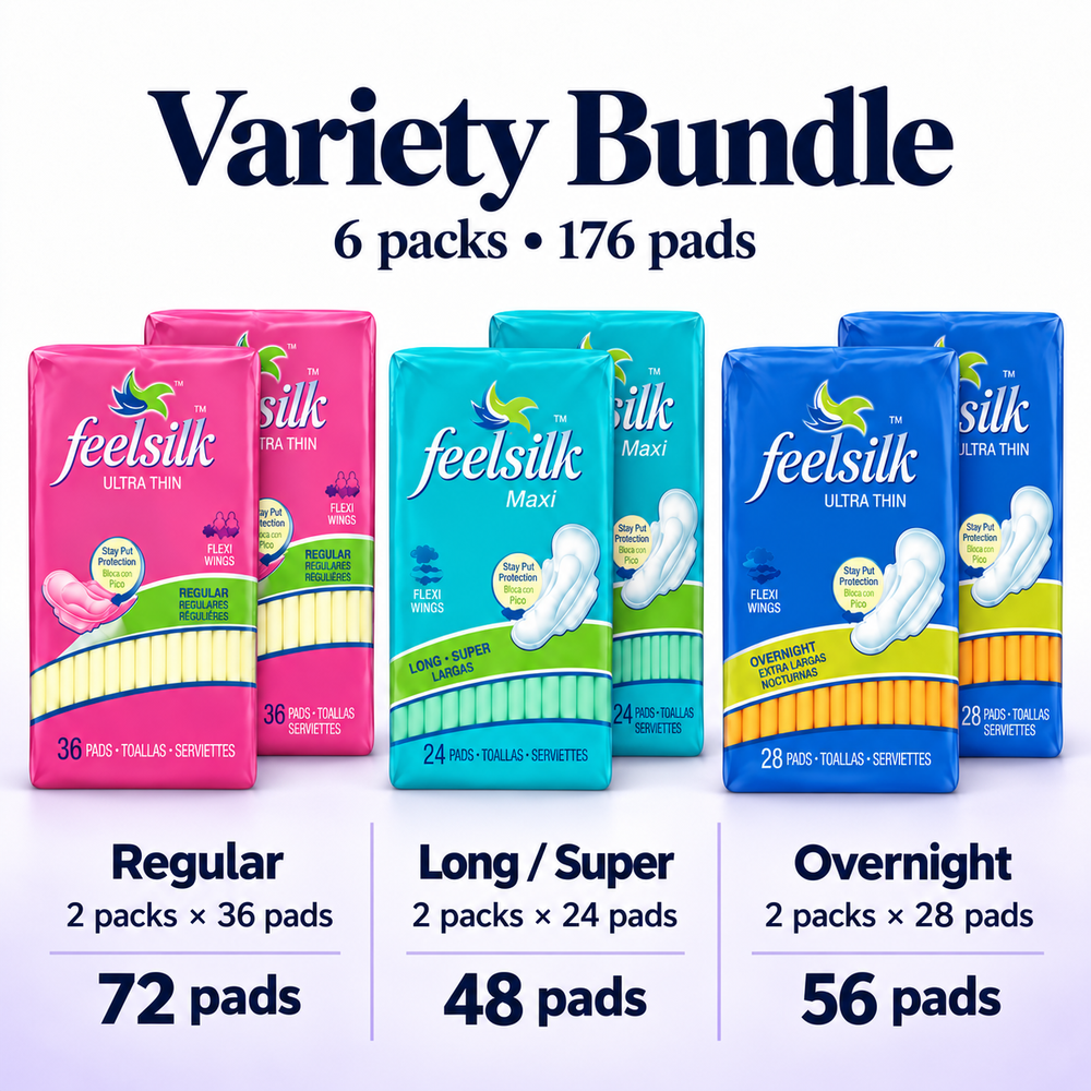 Feelsilk Regular + Long / Super + Overnight Variety Bundle — 6 Packs (176 Pads)