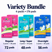 Feelsilk variety bundle with two packs each of Ultra Thin Regular, Maxi Long / Super, and Ultra Thin Overnight, 6 packs and 176 pads total.
