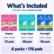 Bundle contents: 2 Ultra Thin Regular packs, 36 pads each; 2 Maxi Long / Super packs, 24 pads each; and 2 Ultra Thin Overnight packs, 28 pads each. 176 pads total.